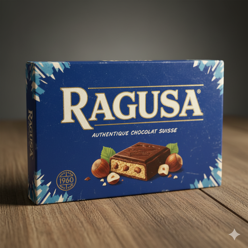 image d'un paquet bleu de chocolat Ragusa avec pour logo "authentique chocolat suisse"